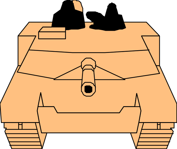 The image shows a pixelated tank with two guns on top of it against an orange background.