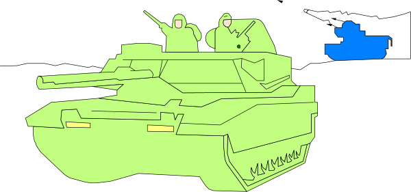 The image shows a green tank with two soldiers inside it driving on an unseen surface next to what appears to be a blue flag in front of them.