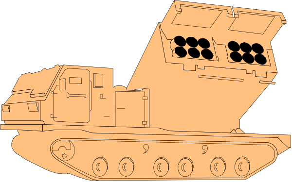 The image shows a toy model of an army tank with missiles on top placed next to another similar vehicle that appears to be carrying artillery pieces in its cargo bed against a plain background.