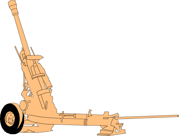 The black and white illustration shows a large artillery cannon on wheels with two barrels facing opposite directions, positioned against an indistinct background that suggests it might be outdoors at night due to its dark appearance; there is no text present in this image.