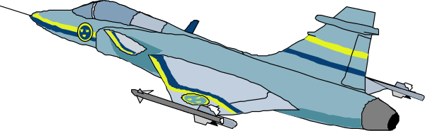 The image shows a fighter jet with blue stripes on its wings parked next to an airfield runway under clear skies.