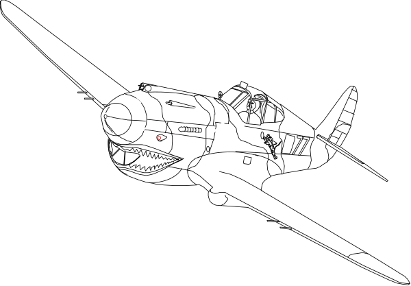 The black and white illustration shows a vintage military fighter plane with two propellers flying through an overcast sky against a dark background.