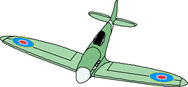 The image shows a green fighter plane with blue markings flying through an overcast sky at nighttime.