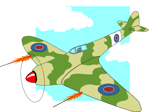 The image shows a camouflage fighter plane flying through an open blue sky with clouds scattered around it.
