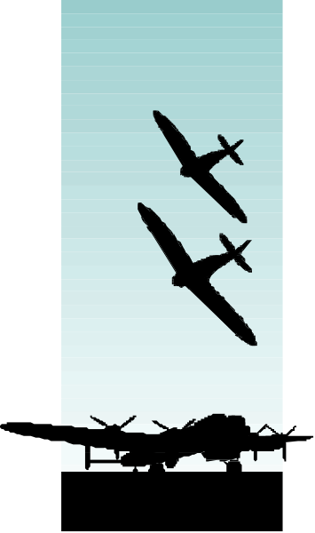The image shows a black and white illustration of four airplanes flying over an aircraft carrier with two planes on it in front of what appears to be a sunset skyline.