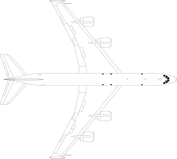 The image shows a large airplane with its landing gear extended against an empty sky background.