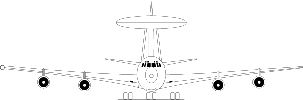 The image shows a black and white illustration of an airplane with two propellers on its wings flying over what appears to be water at nighttime.