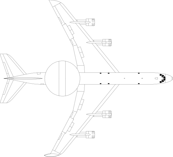 The black and white illustration shows two airplanes facing each other with a large jet engine between them on what appears to be an airport runway at nighttime.