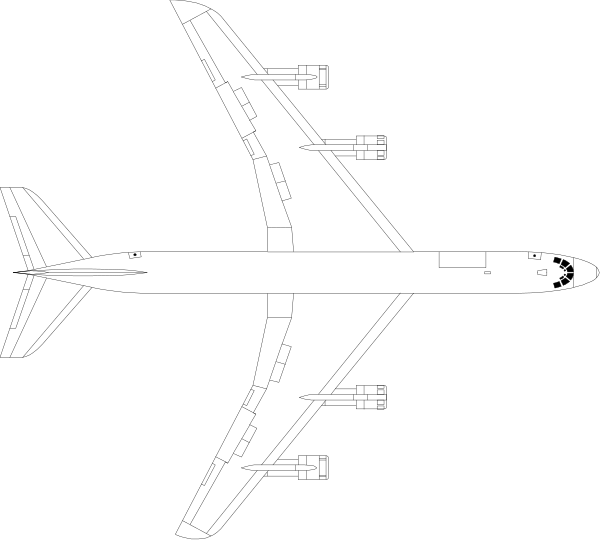 The black and white illustration shows a large passenger jet with its landing gear extended on what appears to be an airport runway at nighttime.