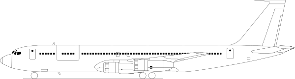 The image shows a black and white illustration of an airplane with its landing gear down on what appears to be runway at nighttime.