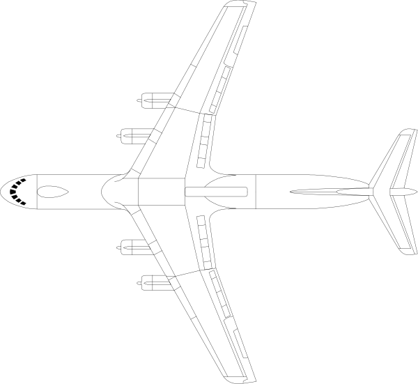 The black and white illustration shows a large passenger airplane with its landing gear extended against an untextured background.