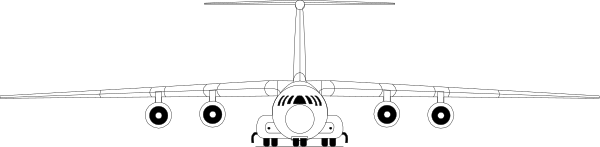 The image shows a large airplane with multiple engines on its wings parked inside an airport hangar at nighttime.