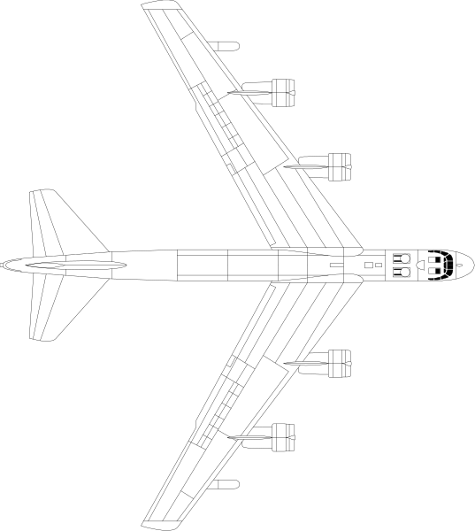 The image shows a detailed black and white illustration of an airplane with its landing gear extended against a dark background.