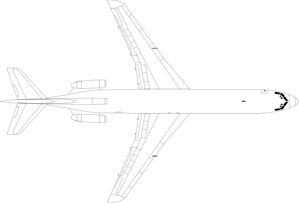 The black and white illustration shows a large passenger airplane with its landing gear extended on an airport runway at nighttime.