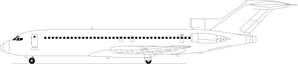 The image shows a black and white illustration of an airplane with its landing gear down on what appears to be runway at nighttime.