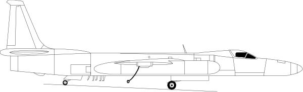 The image shows a black and white illustration of an airplane with two engines on its wings flying over water at nighttime.