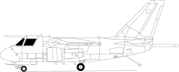 The image shows a black and white illustration of an airplane with its doors open on top against a dark background.