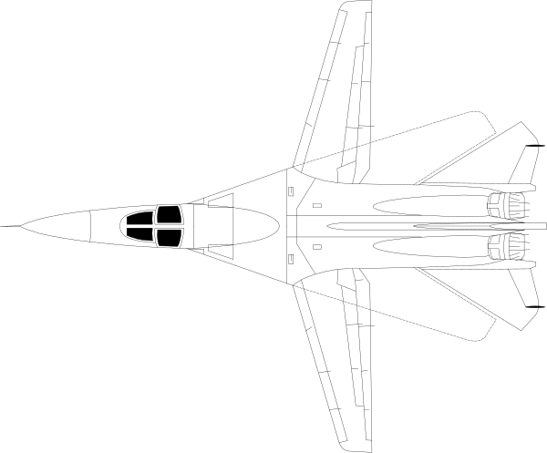 The black and white illustration shows a fighter jet with its landing gear down against an open sky background.