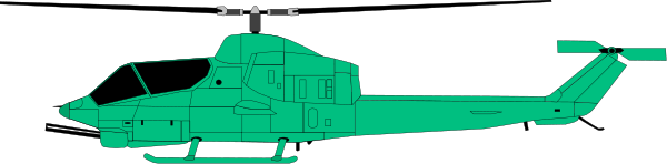 The image shows a green helicopter with its doors open against an indistinct background that appears to be dark gray.