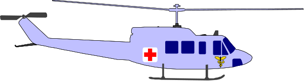 The image shows a helicopter with an ambulance design parked on what appears to be runway at nighttime.