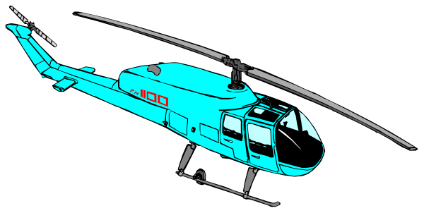 The image shows a blue helicopter with its rotors stopped against an indistinct background that appears to be darkened for contrast.
