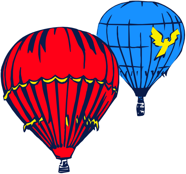 The image shows three hot air balloons with different designs: a blue globe on top of a red balloon; an orange bird inside another red balloon; and a yellow lightning bolt in front of two other smaller balls, all against a black background.