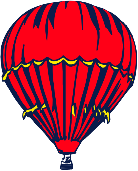The image shows a red hot air balloon with an open canopy against a dark background.