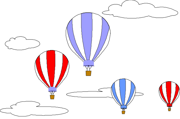 The image shows four hot air balloons with different colored envelopes floating against a dark background at nighttime.