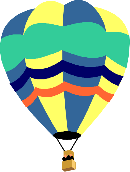 The image shows a colorful hot air balloon with an open parachute floating above it against a gray background.