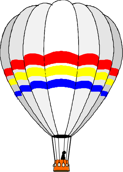 The image shows a colorful hot air balloon with stripes of red, yellow, blue, white, green, orange, purple, pink, black, gray, brown, tan, cream colored backgrounds against which it floats in mid-air above what appears to be an open book or notebook.
