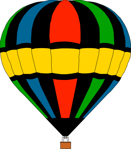 The image shows a colorful hot air balloon with an open basket at its base against a dark background.