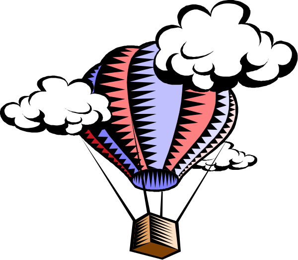 The black and white illustration shows a colorful hot air balloon with an open book inside it flying through clouds against a dark background.