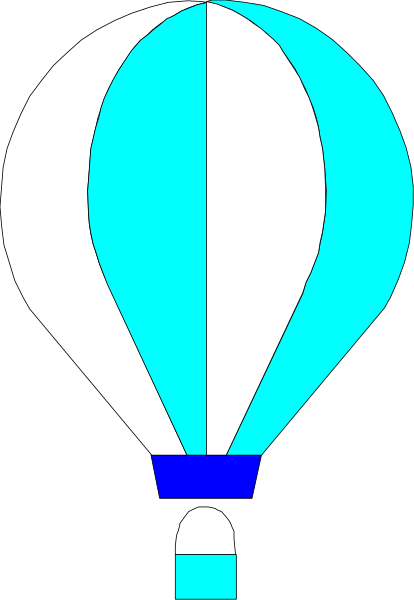 The image shows a hot air balloon with blue stripes on it against a black background.