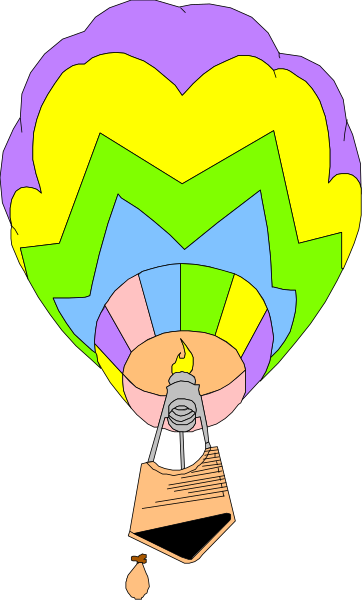 The image shows a colorful hot air balloon with an open flame at its base flying over what appears to be a landscape of hills under a blue sky dotted with clouds.