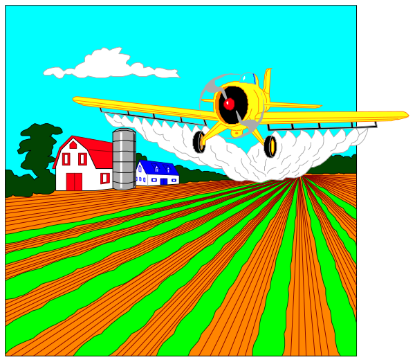 The image shows a cartoon depiction of an airplane spraying pesticide over crops on farmland with two barns in background; it's divided into three panels: top left is blue sky, middle right has plane and crop dusting action, bottom center features red house surrounded by green fields.