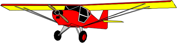 The image shows a red airplane with yellow wings on top of it against a dark background.