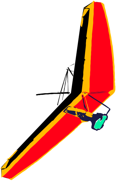 The image shows a red glider with blue accents flying against an orange sky background.