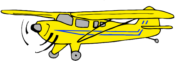 The image shows a yellow airplane with blue stripes on its side flying through an overcast sky against a dark background.