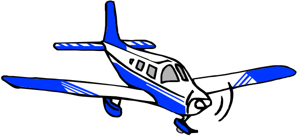 The image shows a blue airplane with white stripes on its body flying against an overcast sky background.