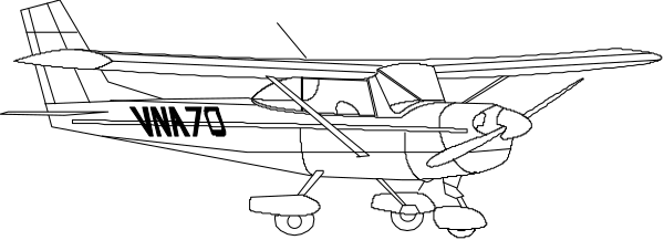 The black and white illustration shows a single propeller airplane on an airport runway with its landing gear down.