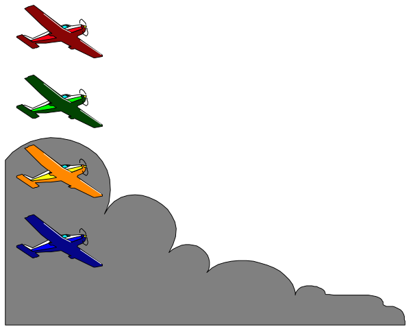 The image shows a black background with four colorful airplanes flying across it from left to right against an overcast sky; below them is silhouette of what appears to be a building on which there's text that reads "Welcome."