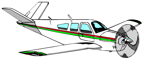 The image shows a single propeller airplane with red stripes on its wings against a dark background.