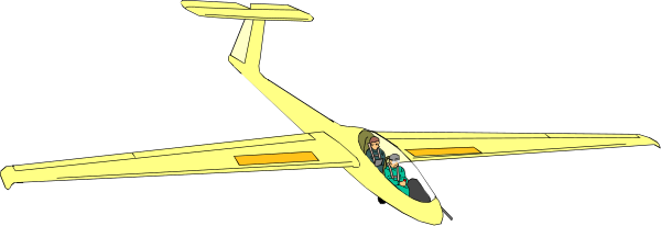 The image shows a yellow airplane flying through an overcast sky with clouds visible below it.