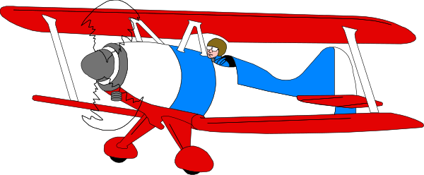 The image shows a cartoon of an airplane with two pilots inside it flying through what appears to be clouds against a dark background.