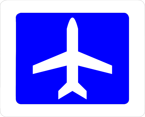 The image shows a sign with an airplane symbol on it next to another smaller square icon that appears to be of a building structure.