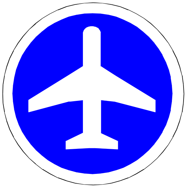 The image shows a blue circle with an airplane inside it on top of another sign that has "0" written across its center in white text.
