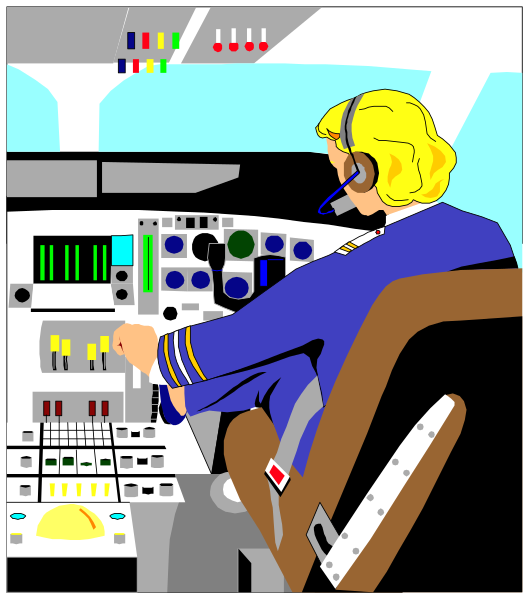 The illustration depicts a person sitting at an airplane control panel with various buttons and switches around them.