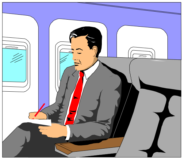 The comic strip shows a man sitting on an airplane seat with his legs crossed over each other while holding a pen and writing in a notebook; he is wearing a suit jacket but no tie.