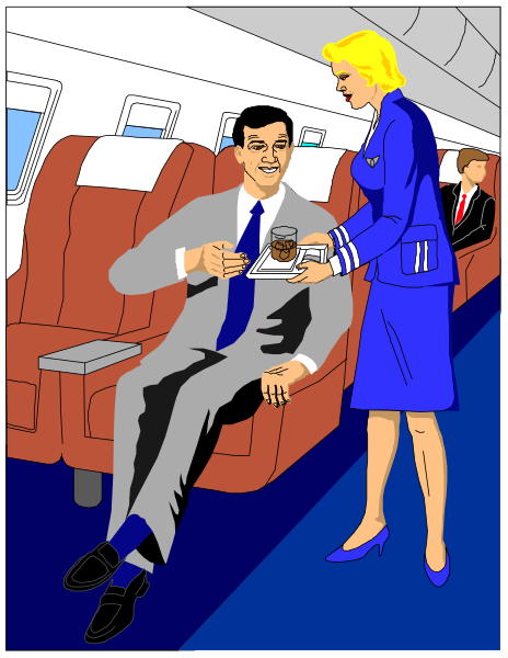 The illustration depicts a man sitting on an airplane seat next to a flight attendant who is holding out food for him with one hand while gesturing towards his tray table with her other hand.