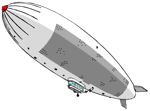The image shows two airships: a large white zeppelin with windows on its side floating above another smaller ship that is also an aircraft carrier-like structure in black and gray tones against a dark background, suggesting it's nighttime.